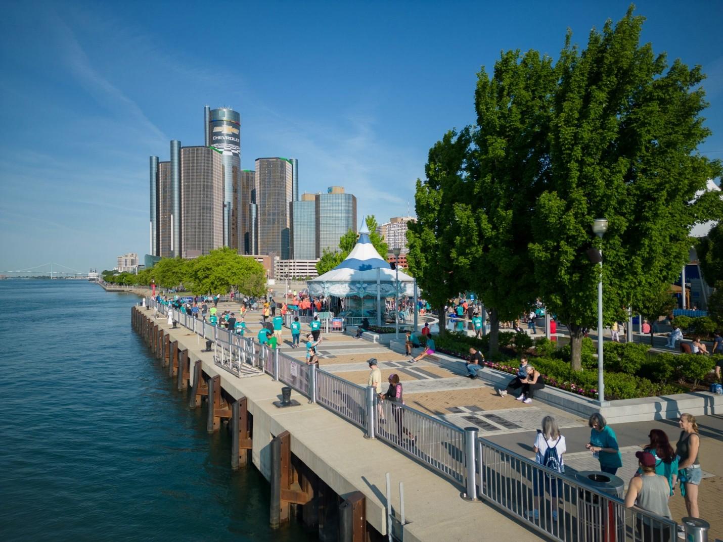 Detroit Riverfront renaissance showing Detroit RiverWalk and waterfront redevelopment