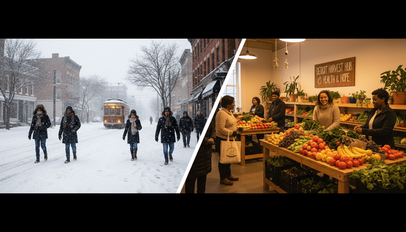 Detroit winter wellness tips featuring residents walking in snowy weather