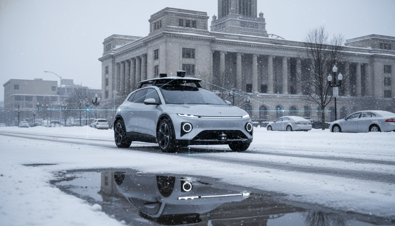 An autonomous vehicle testing unit driving near Michigan Central Station in Detroit