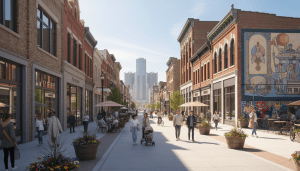 Detroit economic development showing a revitalized neighborhood street with small businesses and pedestrians