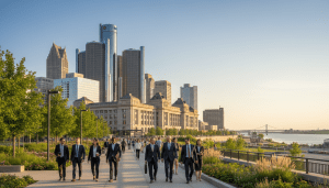 Detroit economic development illustrated by the skyline and Michigan Central Station with professionals walking