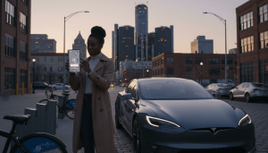 A resident using a smartphone app to access a vehicle for car sharing Detroit near the Renaissance Center.