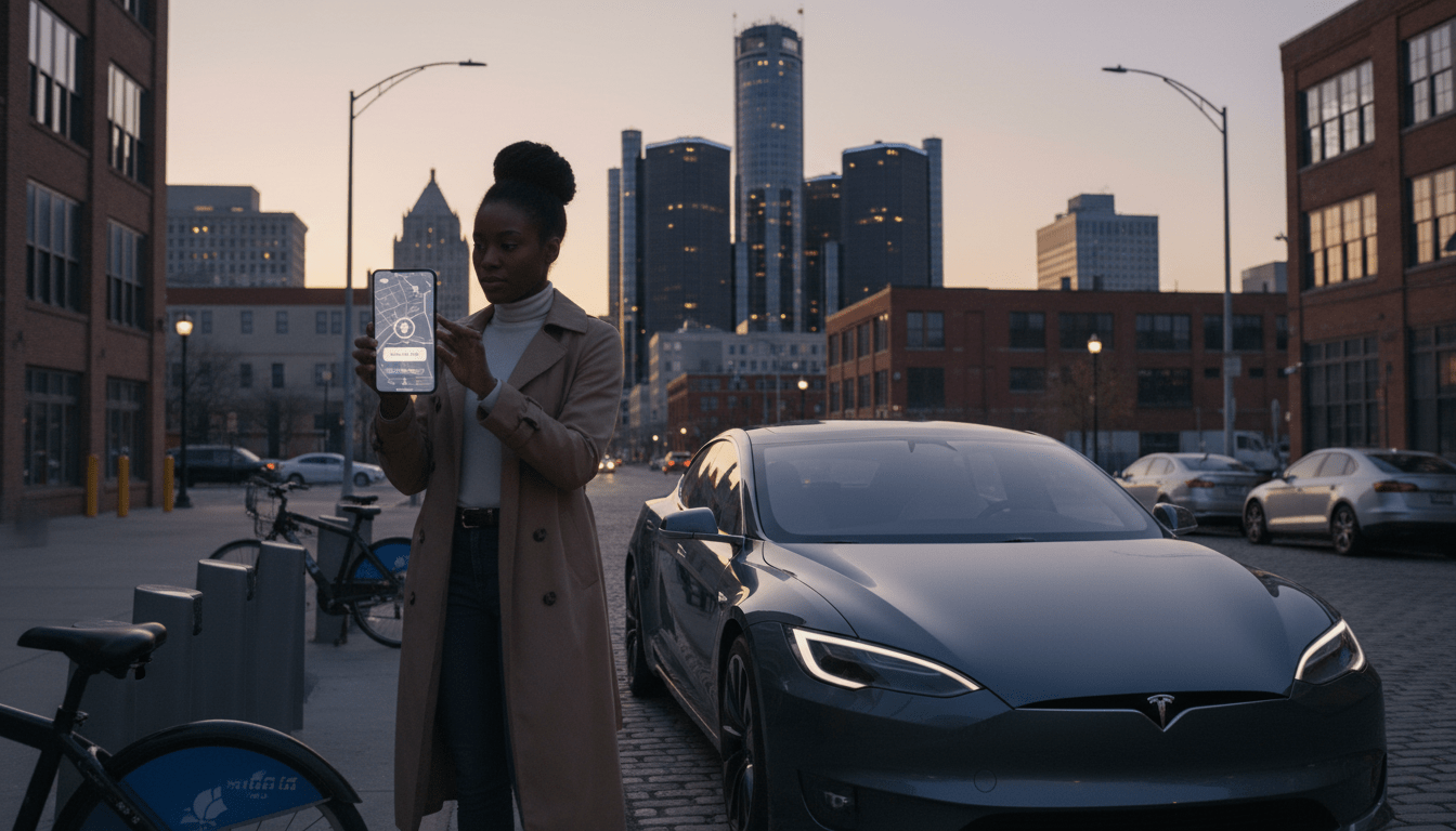 A resident using a smartphone app to access a vehicle for car sharing Detroit near the Renaissance Center.