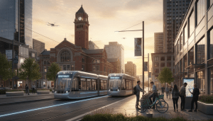 Detroit urban mobility featuring autonomous shuttles and Michigan Central Station