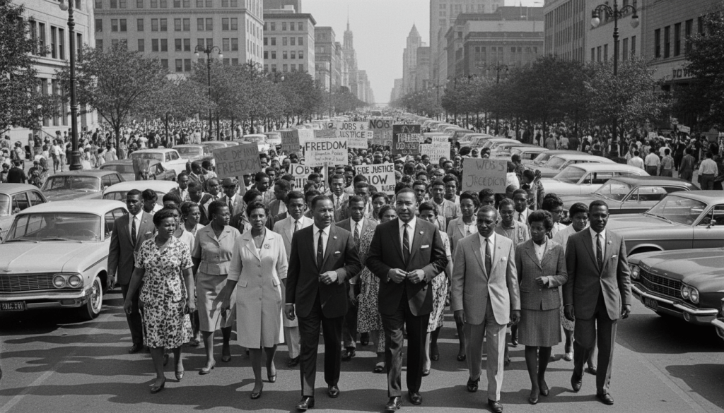 Martin Luther King Jr leading the 1963 Walk to Freedom, a key moment in Detroit civil rights history