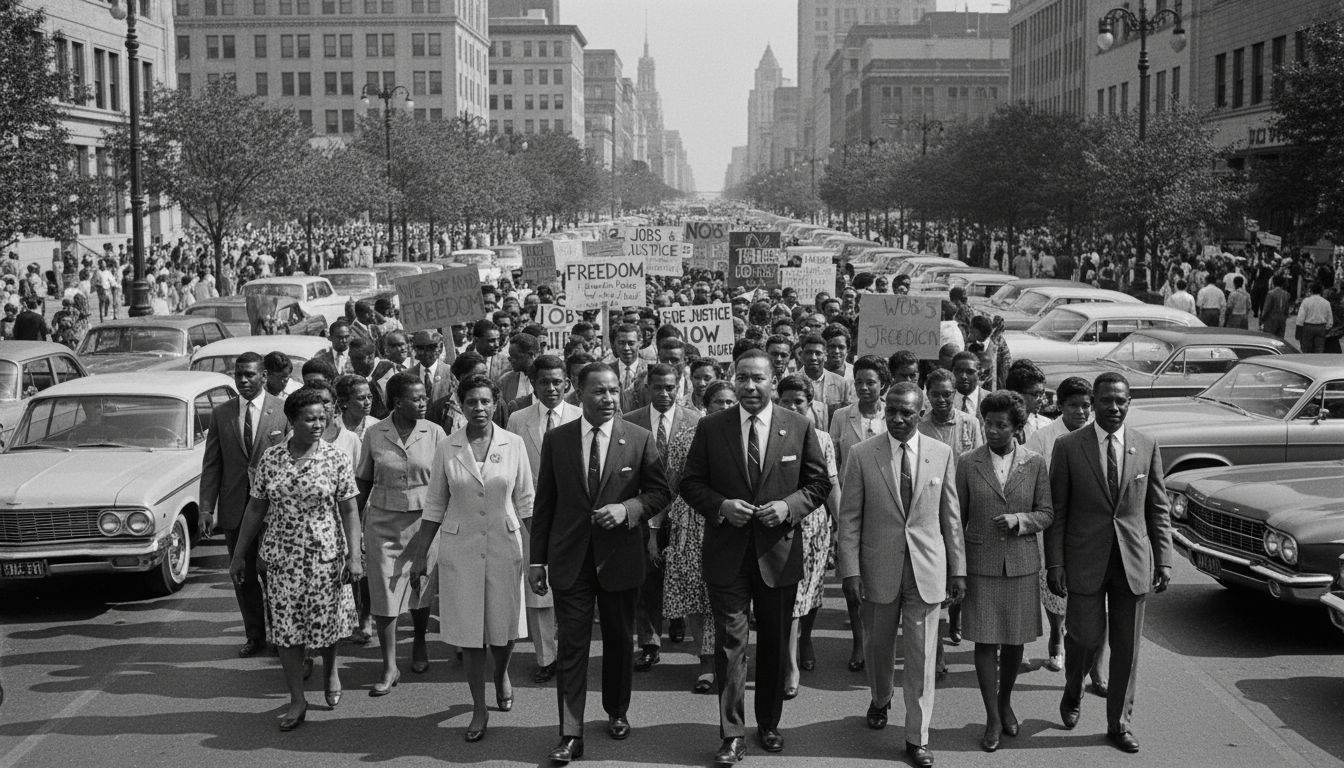 Martin Luther King Jr leading the 1963 Walk to Freedom, a key moment in Detroit civil rights history