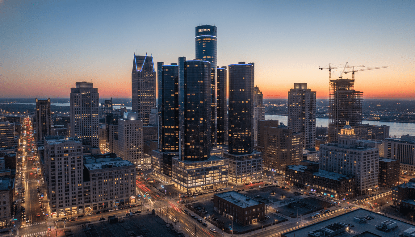 Construction cranes over the skyline highlighting Downtown Detroit investment progress