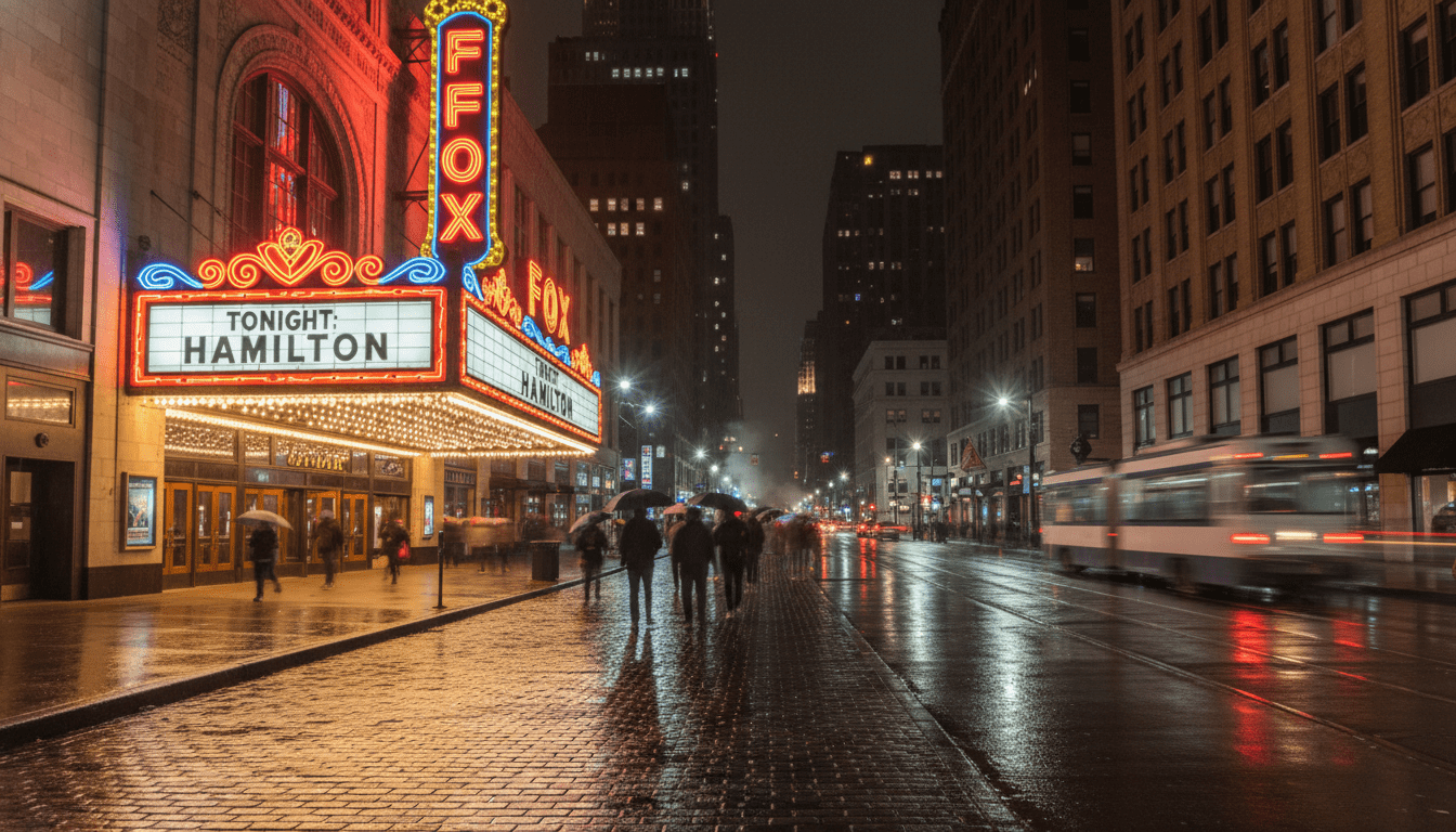 Brightly lit marquee signs illuminating the bustling Detroit theatre scene at night.