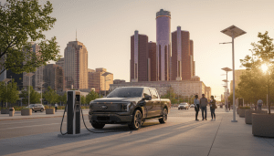 A modern Detroit EV charging infrastructure station located near downtown with the city skyline in the background