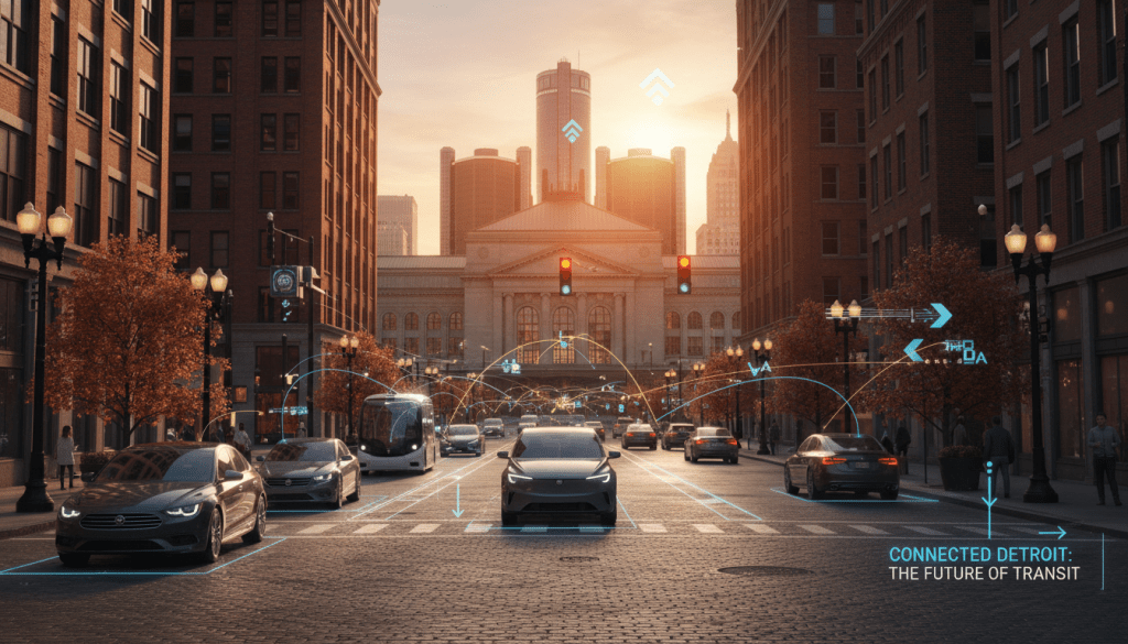 Smart traffic lights communicating with cars demonstrating connected vehicle technology in Detroit