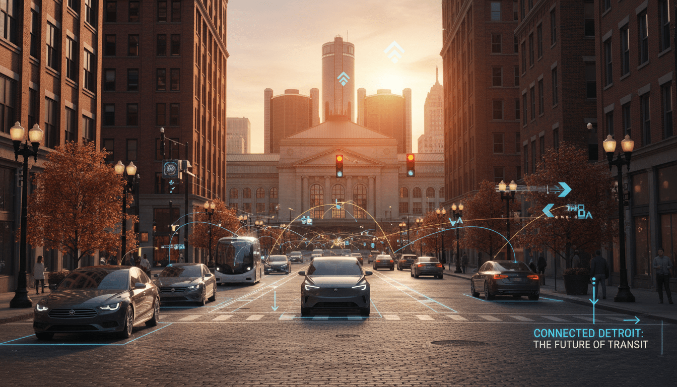 Smart traffic lights communicating with cars demonstrating connected vehicle technology in Detroit