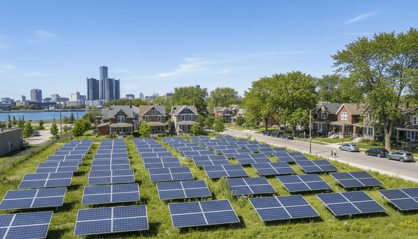 Detroit sustainability initiatives featuring solar panels and green trees in a neighborhood