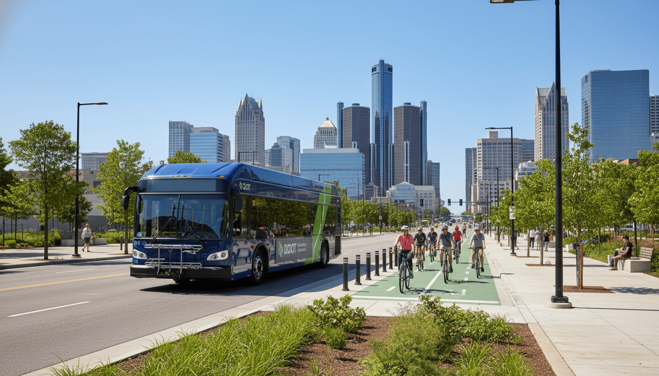 A modern electric bus and cyclists utilizing Detroit sustainable transportation infrastructure.