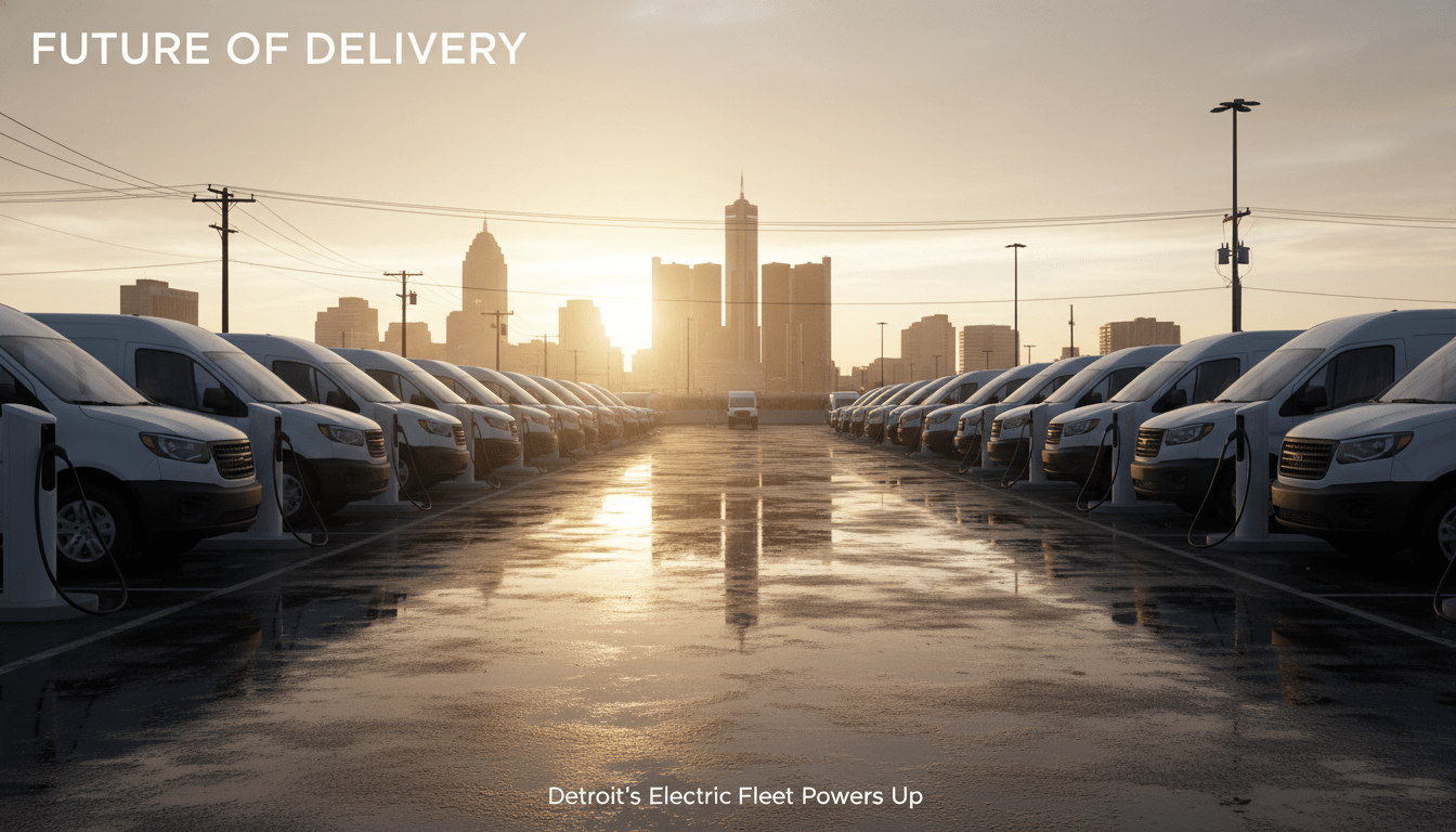 Row of commercial electric vans charging at a depot in Detroit symbolizing the EV fleet transition