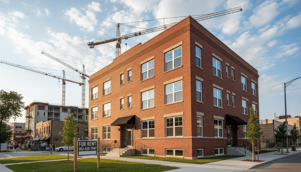 Renovated Detroit affordable housing apartment complex with construction in background