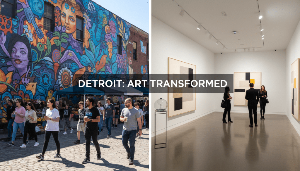 Visitors walking past a colorful mural representing the thriving Detroit art scene in Eastern Market