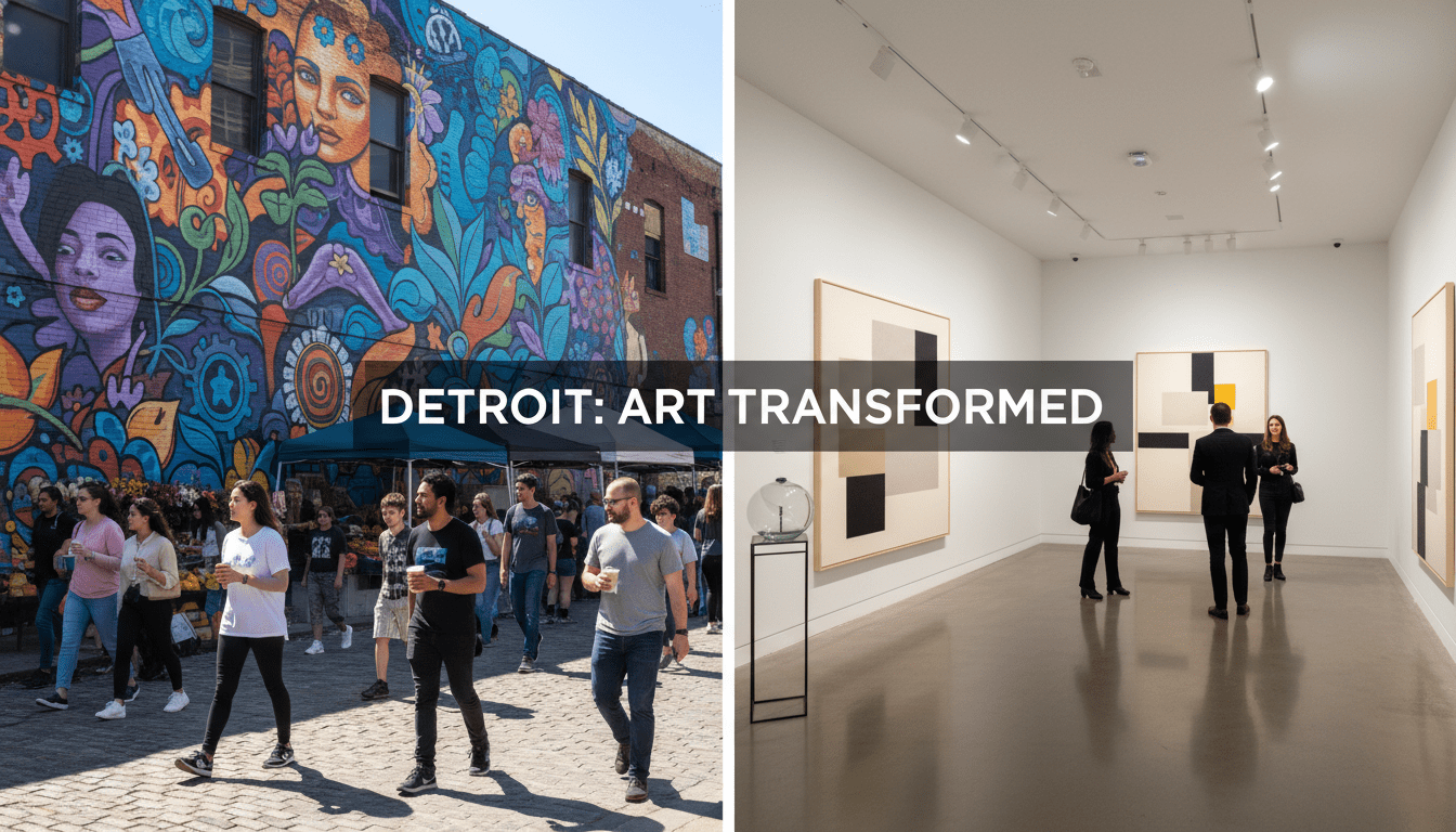 Visitors walking past a colorful mural representing the thriving Detroit art scene in Eastern Market