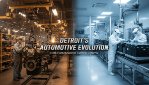 Assembly line workers in a modern plant representing the Detroit auto industry transformation