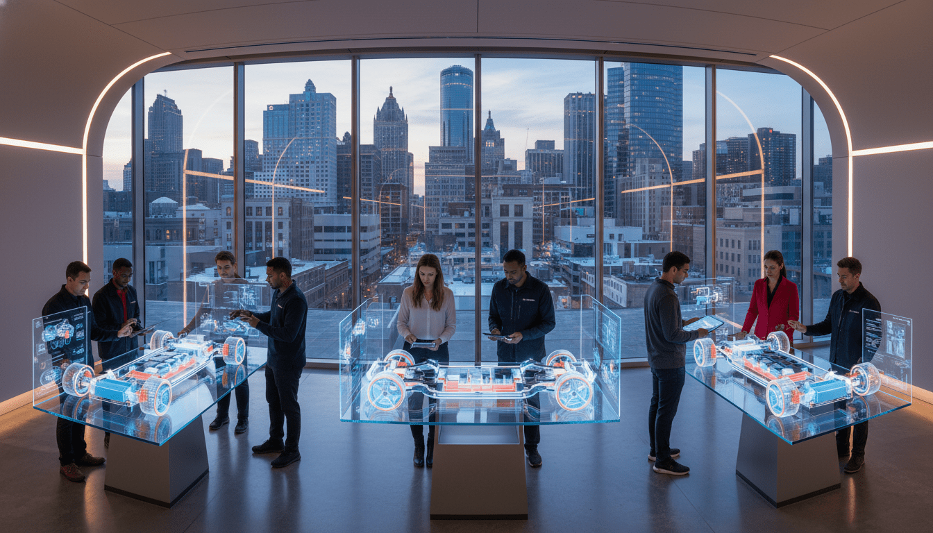 Engineers collaborating on a new Detroit automotive design concept in a modern studio