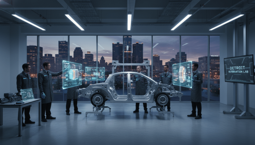 Engineers working in a modern Detroit automotive R&D lab on electric vehicle technology