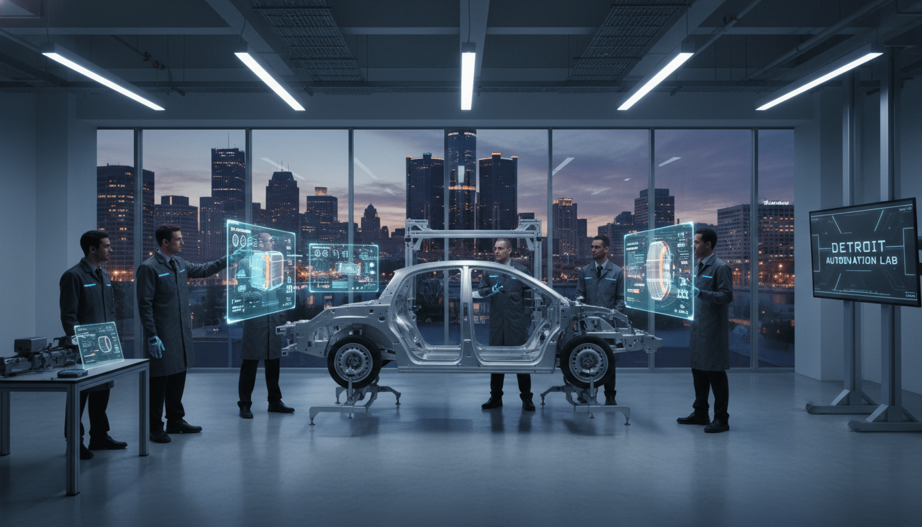 Engineers working in a modern Detroit automotive R&D lab on electric vehicle technology