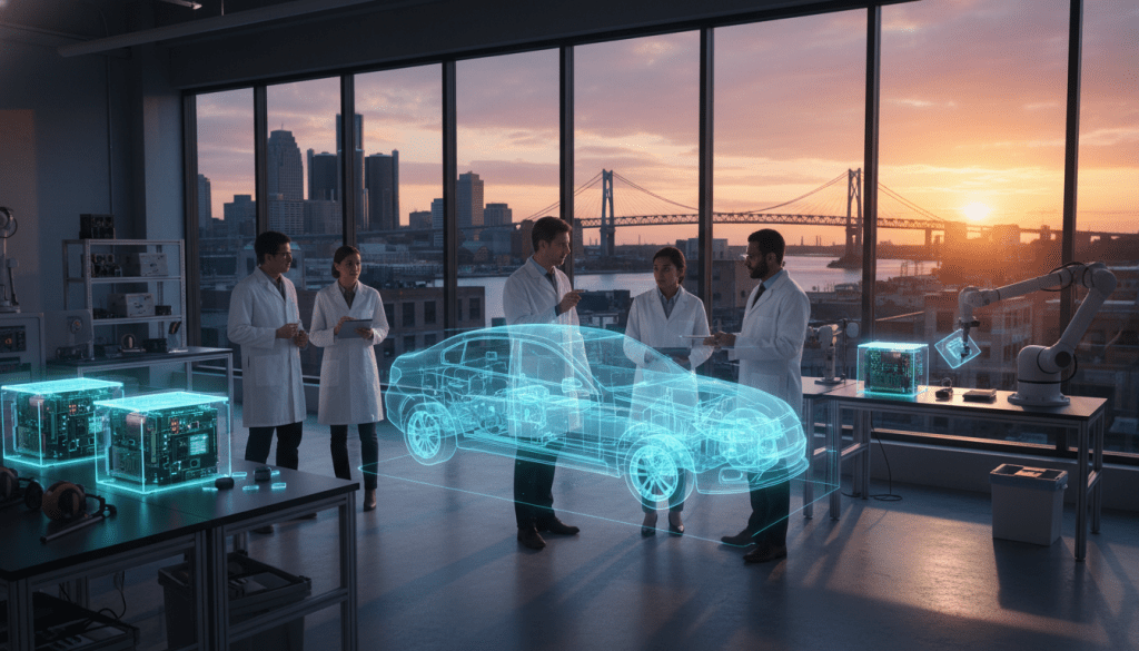 Engineers working in a high-tech Detroit automotive research lab with the city skyline in the background