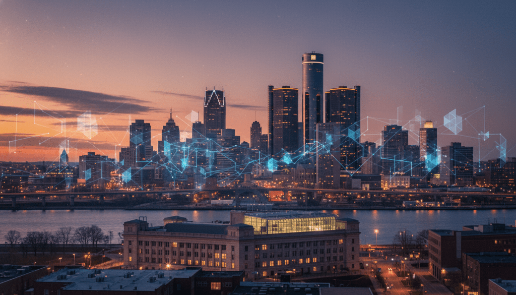 Detroit skyline with digital overlay illustrating Detroit blockchain development and tech innovation