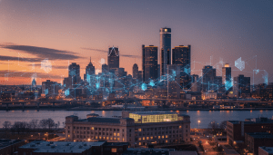 Detroit skyline with digital overlay illustrating Detroit blockchain development and tech innovation