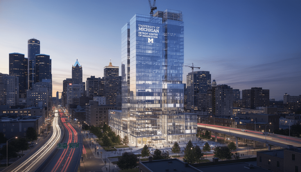 Construction progress on the Detroit Center for Innovation building in The District Detroit