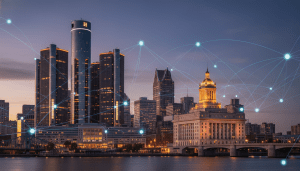 Detroit skyline illuminated with digital network overlays illustrating Detroit cloud solutions and connectivity