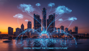 Detroit skyline with digital network overlays illustrating Detroit cloud solutions and tech growth