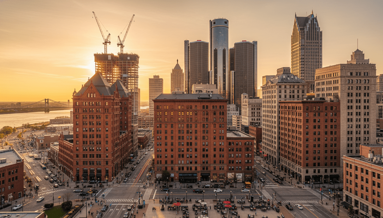 Detroit commercial real estate skyline featuring new construction and historic buildings