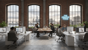 Professionals collaborating in a modern workspace representing the growing Detroit creative economy