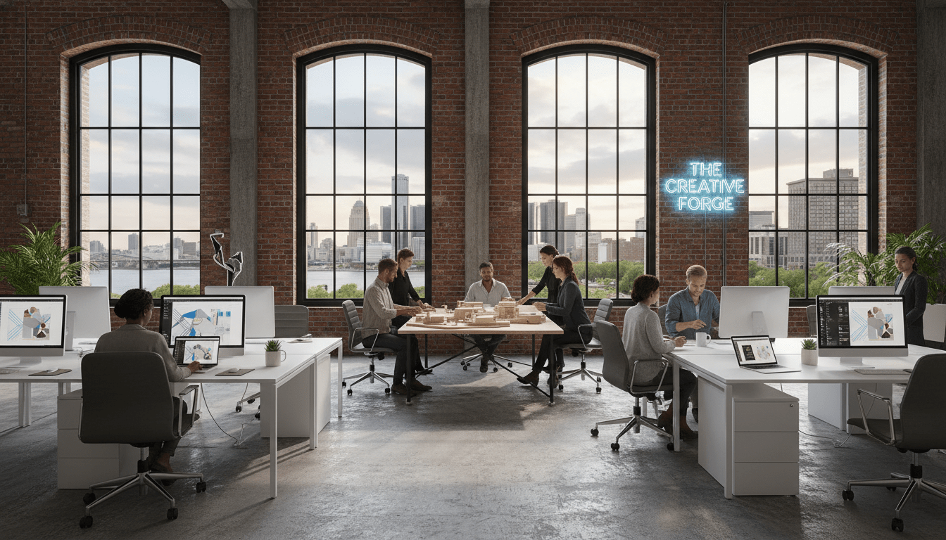 Professionals collaborating in a modern workspace representing the growing Detroit creative economy