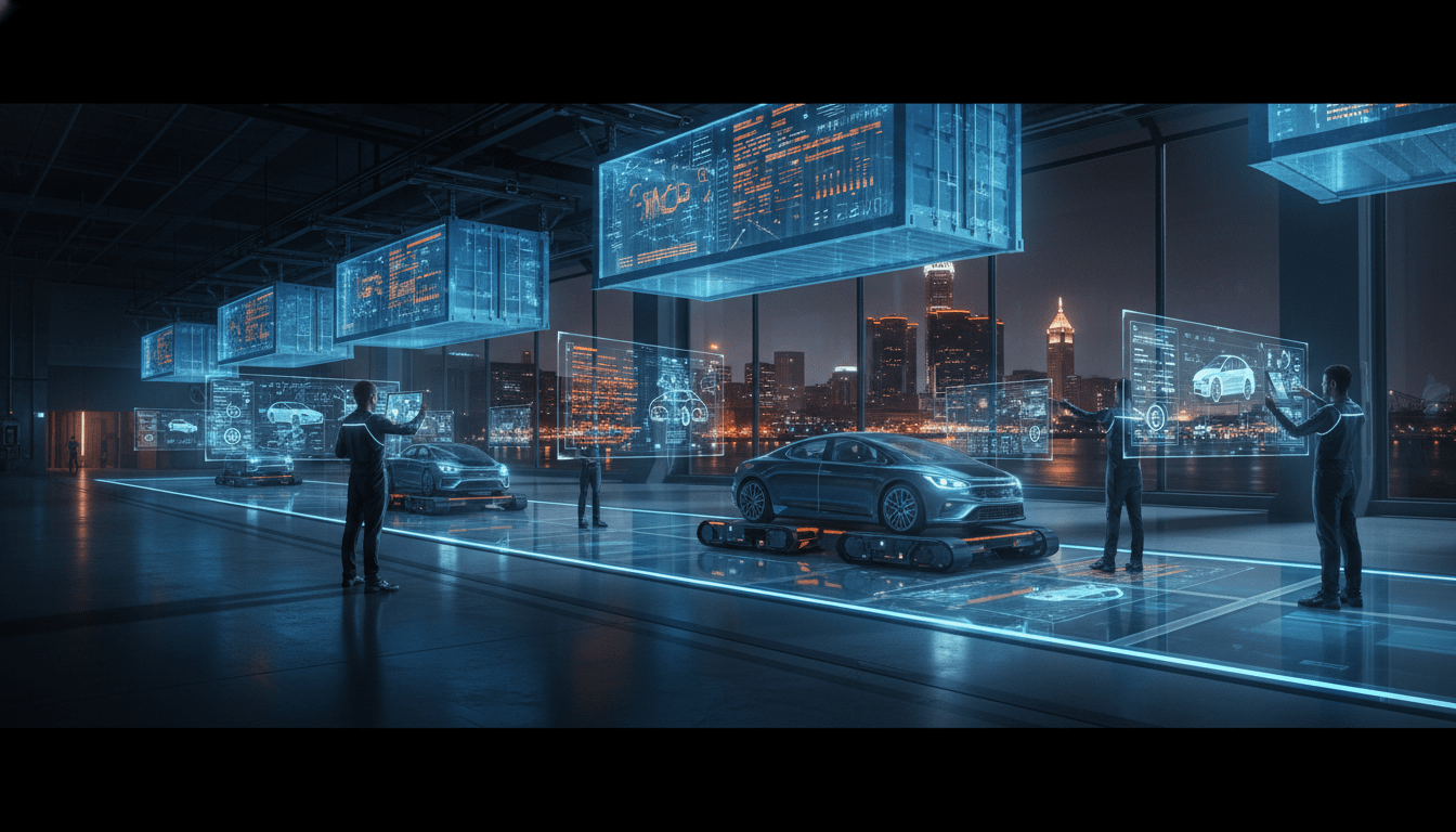 A modern factory floor illustrating the Detroit digital supply chain transformation with holographic data overlays