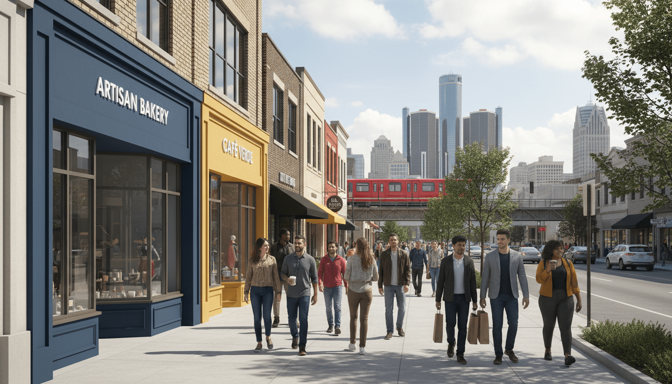 Detroit economic development represented by a busy commercial street with new small businesses
