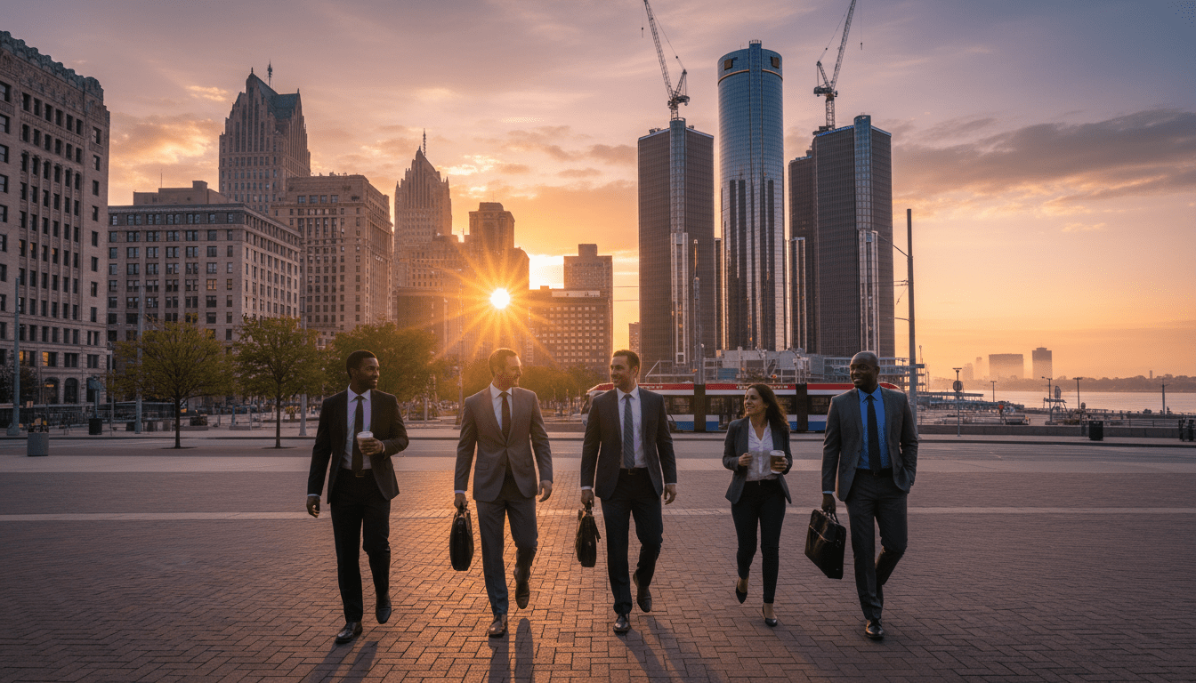 Construction cranes over the city skyline illustrating Detroit economic growth