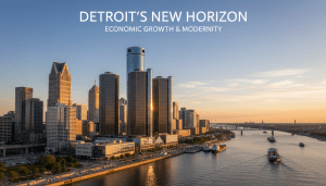 Detroit economic resurgence represented by the modern city skyline and new construction projects