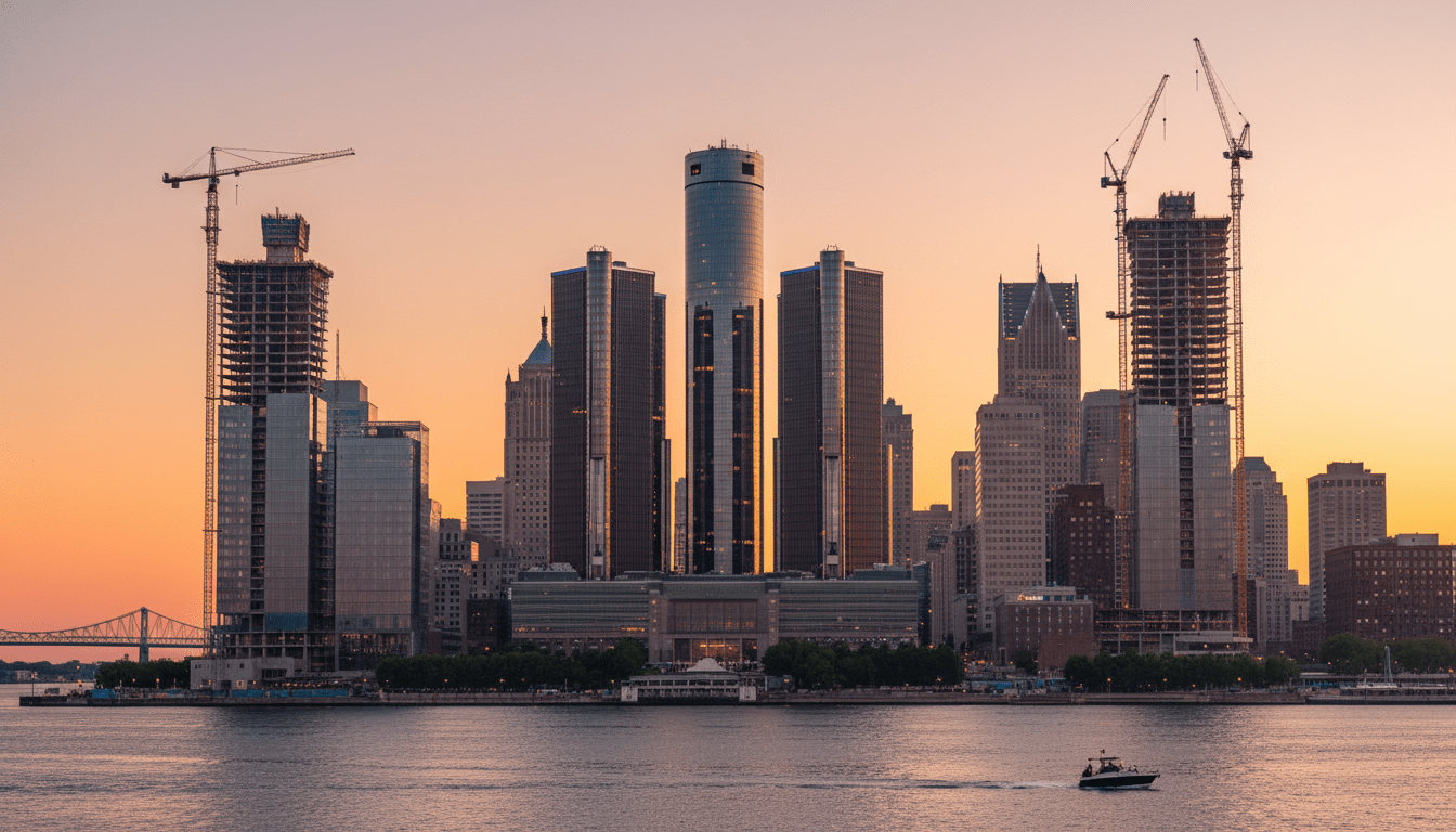 Detroit economic resurgence skyline with construction cranes and Renaissance Center