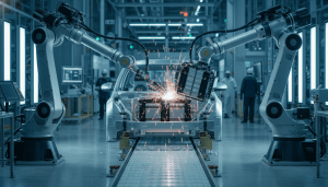 Robotic arms assembling a car chassis on a modern line for Detroit electric vehicle production