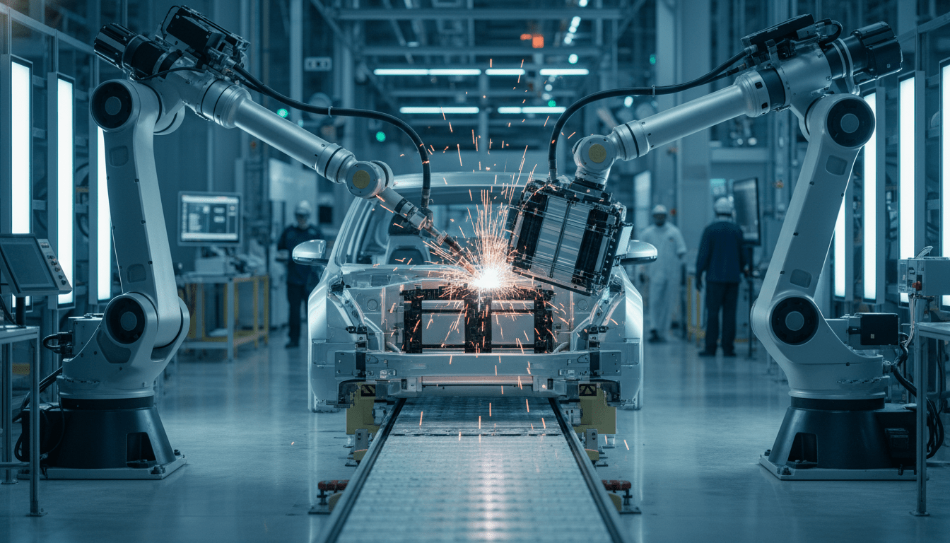 Robotic arms assembling a car chassis on a modern line for Detroit electric vehicle production