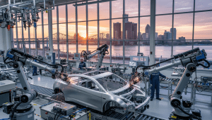 Automated robotic arms working on a vehicle chassis representing Detroit EV investment in manufacturing.