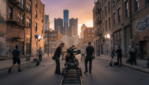 A film crew working on a production set in downtown Detroit representing the Detroit film industry