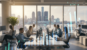 Professionals working in a modern office representing the Detroit fintech sector