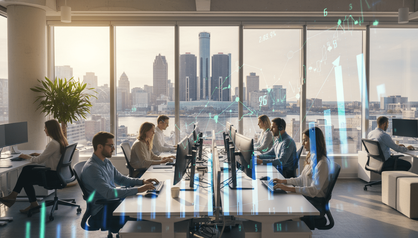Professionals working in a modern office representing the Detroit fintech sector