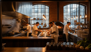 Chefs working in a busy professional kitchen representing the Detroit food industry