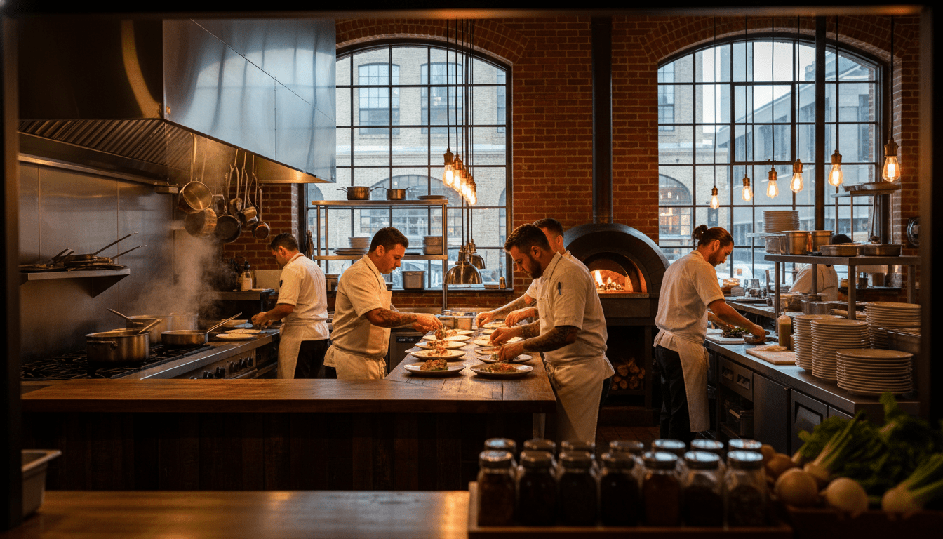Chefs working in a busy professional kitchen representing the Detroit food industry