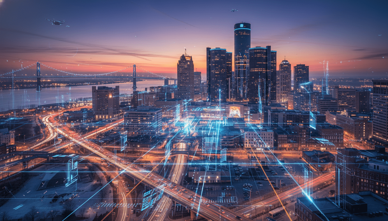 Detroit intelligent transportation systems visualizing data flow on city streets near the Renaissance Center