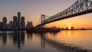 Cargo ship passing under bridge illustrating Detroit international trade