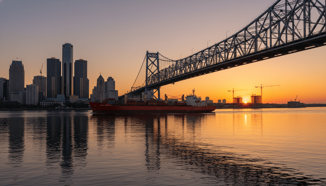 Cargo ship passing under bridge illustrating Detroit international trade